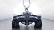 Aston Martin Valkyrie rear view with open gullwing doors